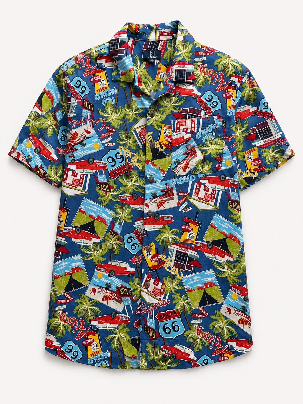 George Route 66 Hawaiian Shirt Men’s Size M Blue Rayon Retro Camp